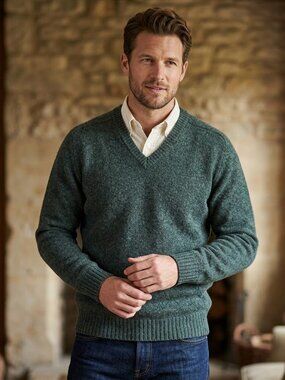 Vintage Antartex Shetland Wool Sweater Mens L Green Preppy Classic V neck